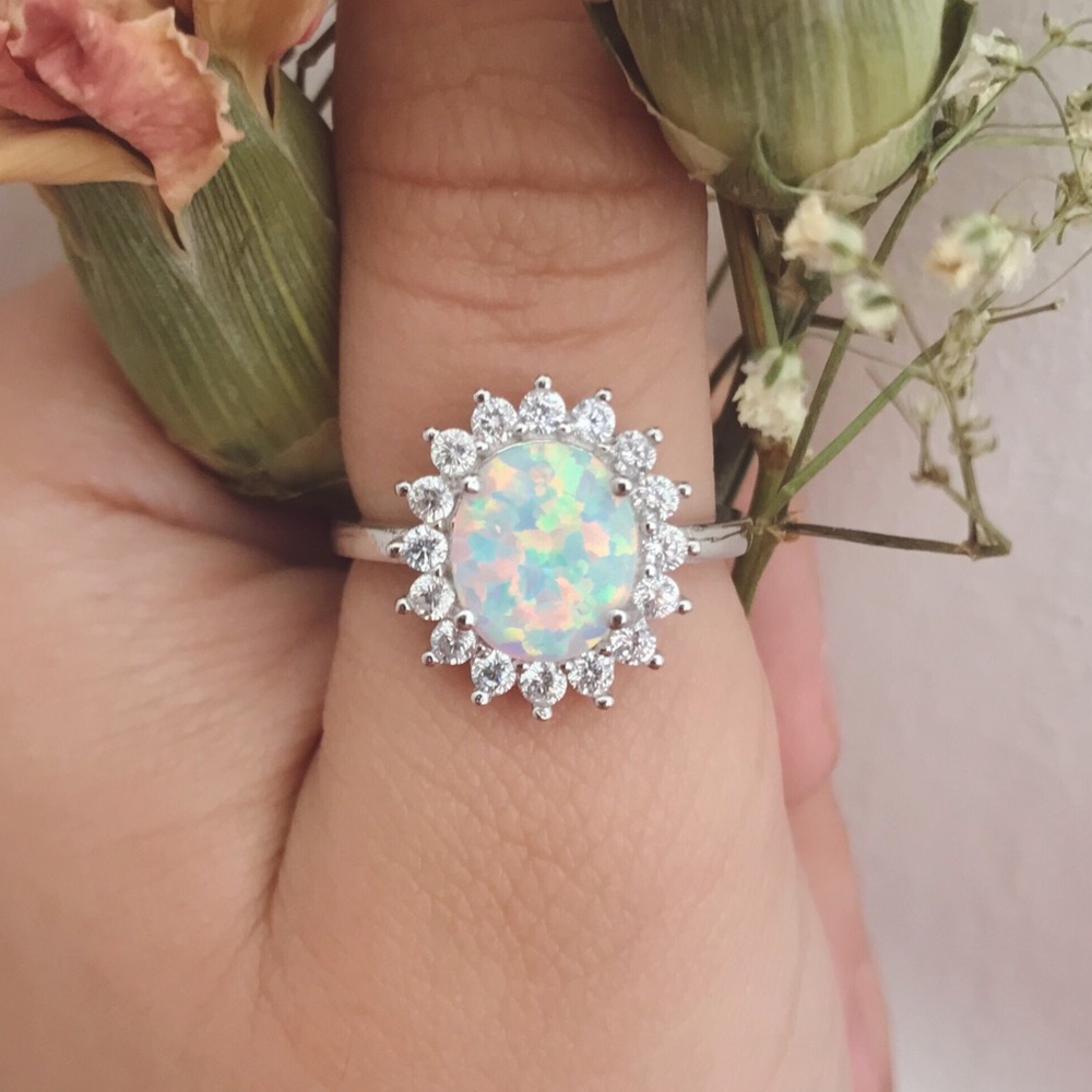 White fire opal sterling silver ring
